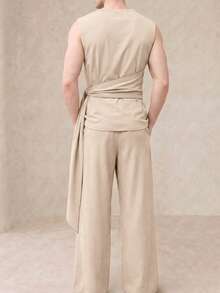 Manfinity Dauomo 301 時尚男士無袖垂領長褲兩件套，230g 健康面料，米色度假夏季日系保守哥德風 - 杏色 - 查看 3
