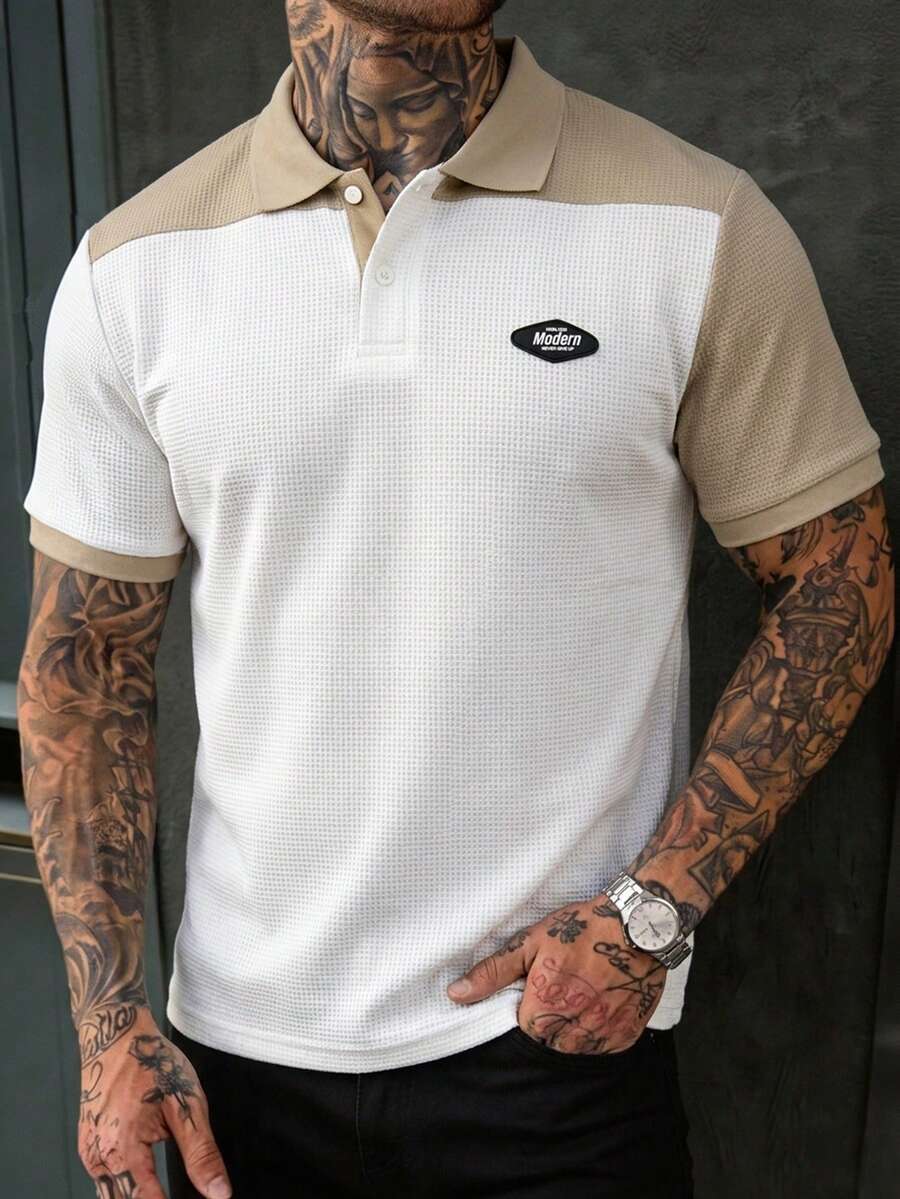Manfinity Roghcode Men's Knitted Jacquard Solid Color Textured Patchwork Collar And Cuffs Ribbed Large Patchwork Polo Shirt - White - View 1