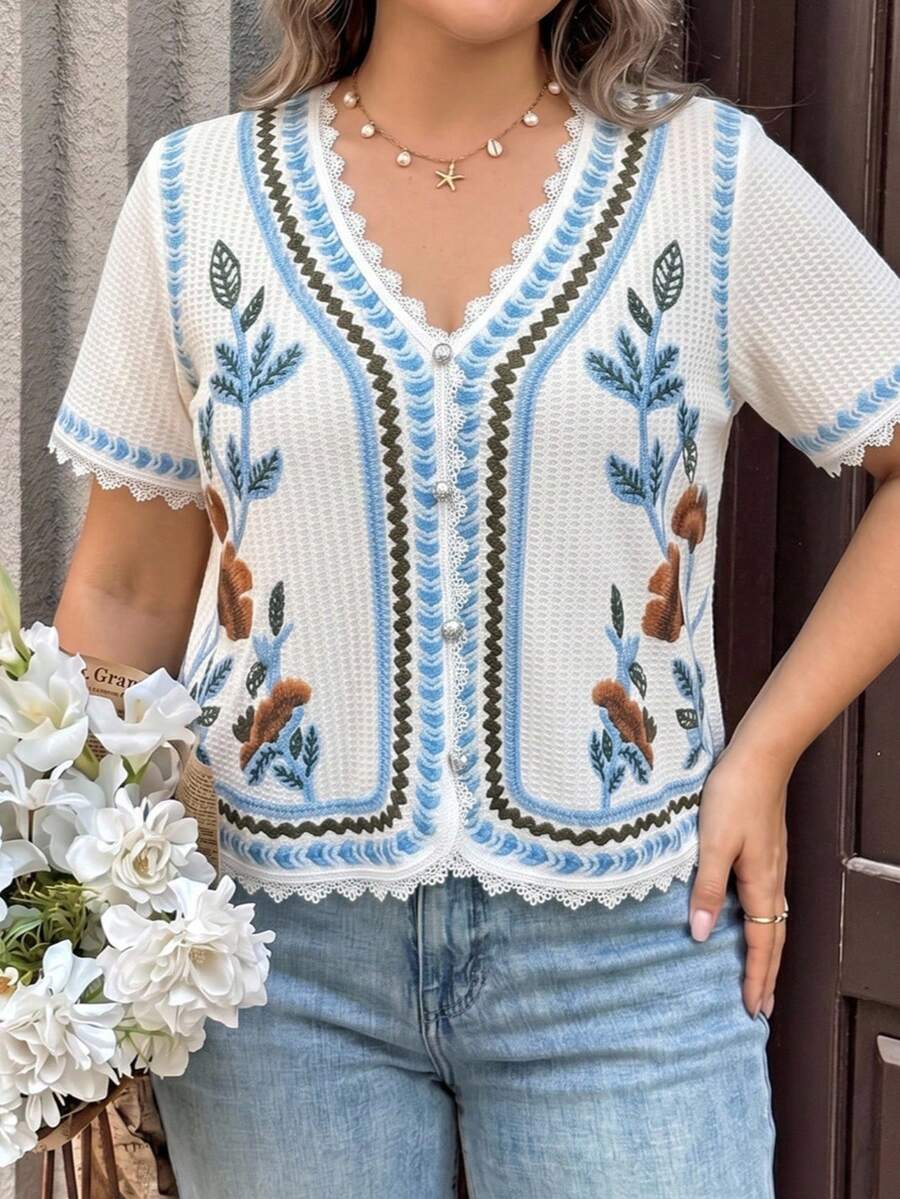Vionelle Camiseta de manga corta con estampado elegante y casual francés para mujer de talla grande