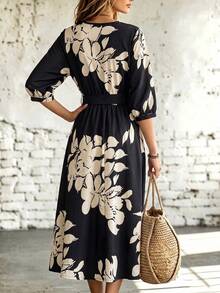 Rometta Plus Size Solid Color Print Cross Neck Short Sleeve Flowy Dress Wedding Day Wedding Guest Fall - Black and White - View 2