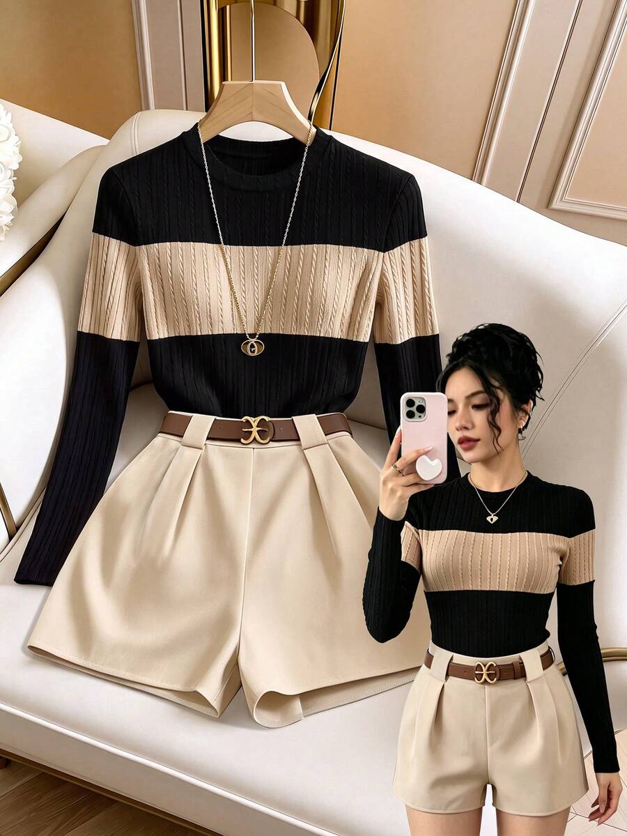 Selianne Autumn/Winter New 2-Piece Set, Women's Contrast Color Elegant Round Neck Short Sleeve Casual Long Sleeve Knit T-Shirt + Khaki Shorts Women's 2-Piece Set, Women's Outwear, Women's Commute Outfit, Women's Office Wear, Women's Casual Set, Black Set, Women's Elegant Set, Autumn/Winter 2-Piece Set, Autumn Top, Black Top - Black - View 1