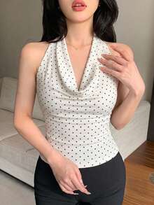 DAZY 女款春夏白色垂領細肩帶黑色波點短版背心上衣，婚禮休閒度假海灘風背心 - 米色 - 查看 5