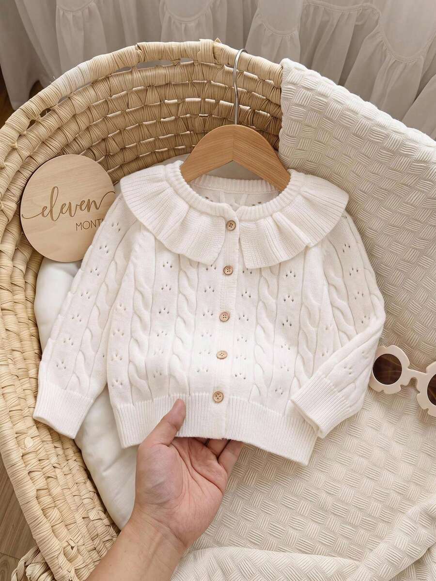 SHEIN Baby Girl Solid Color Knit Ruffle Trim Round Neck Casual Autumn Cardigan - Burgundy - View 1