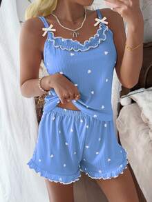 CottageSlumber 女款羅紋天鵝絨吊帶背心與短褲睡衣套裝，附荷葉邊飾邊、小蝴蝶結與浪漫愛心細節 - 藍色 - 查看 1