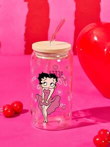 Betty Boop x SHEIN 復古卡通女孩印花玻璃杯附蓋與吸管，16.9oz/500ml 高硼矽玻璃梅森飲水杯，適用冰咖啡、果汁與冷飲 - 玫瑰紅 - 查看 2