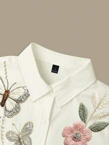 Resyla Plus Size Women's Vacation Butterfly Floral Print Pocket Short Sleeve Top - Multicolor - View 3