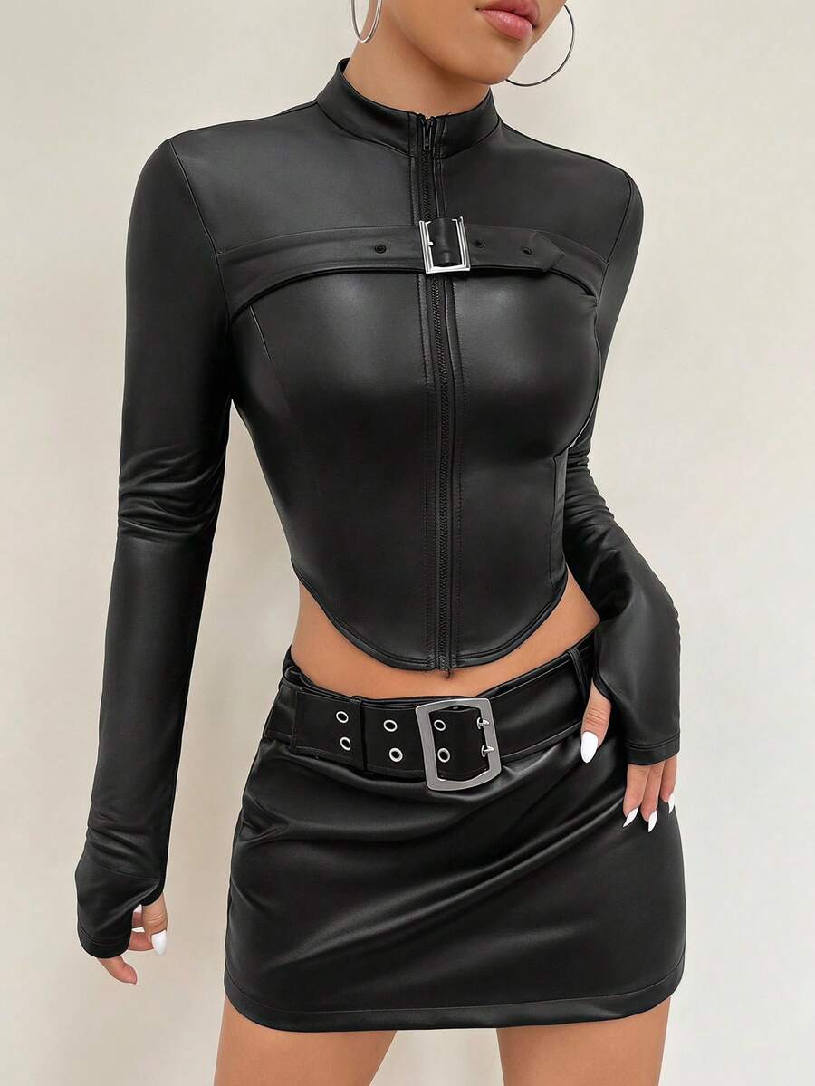 SHEIN ICON 女款秋冬 Y2K 拉鍊圓弧下擺 PU 皮革外套 - 黑色 - 查看 1