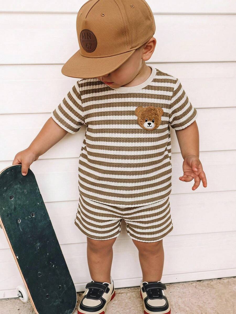THE HAPPY LOOK 2pcs/Set Young Boy Cartoon Bear Print Striped Round Neck Short Sleeve T-Shirt And Elastic Waist Shorts - Multicolor - View 1