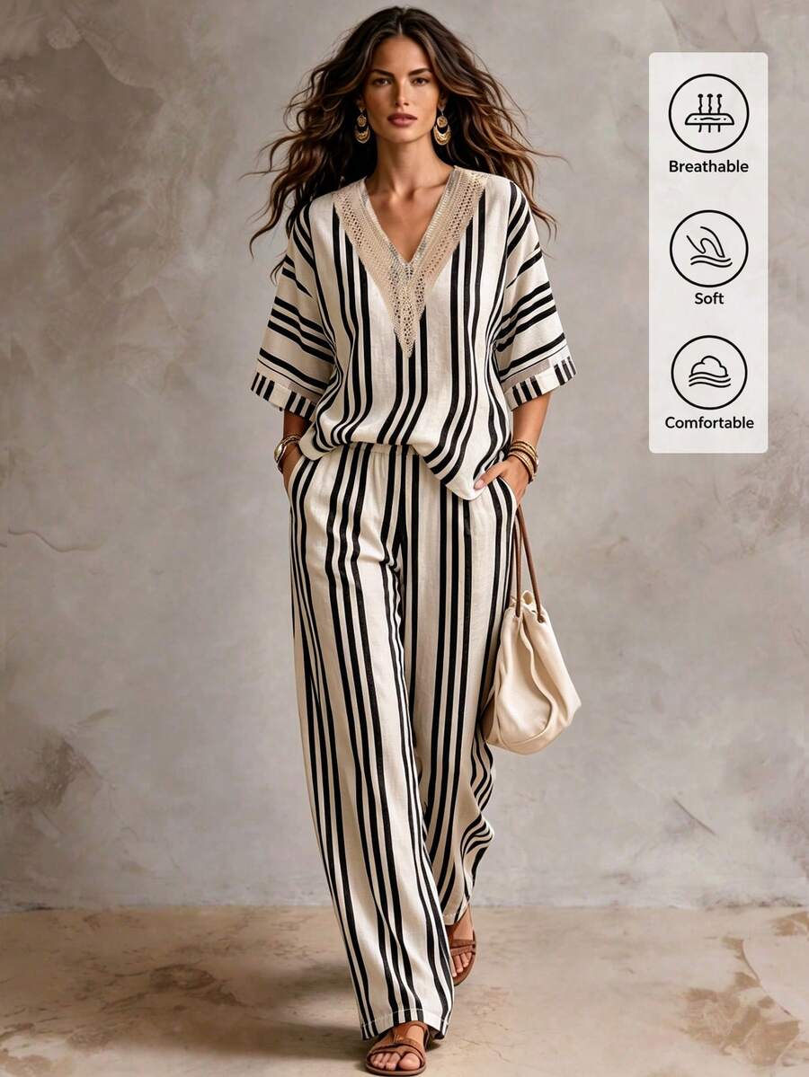 SHEIN بلوزة نسائية بخطوط مطبوعة وياقة على شكل حرف V مع أكمام مرقعة وتفاصيل شبكية، مقترنة ببنطال واسع الساق، مناسبة للارتداء اليومي والتنقل والعطلات ومكان العمل - متعدد الألوان - مشاهدة 1