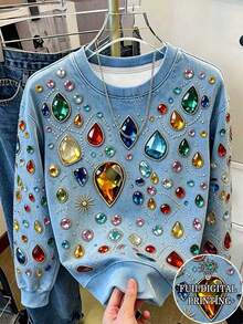 Resyla Sweatshirt Wanita Warna Biru Muda dengan Hiasan Rhinestone untuk Pakaian Kasual Sehari-hari, Cocok untuk Acara Malam di Musim Gugur - MultiWarna - View 1