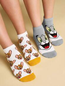 TOM & JERRY X SHEIN 2pairs Women's Cute Cartoon Pattern Contrast Color Short Ankle Socks - color mixing - View 2