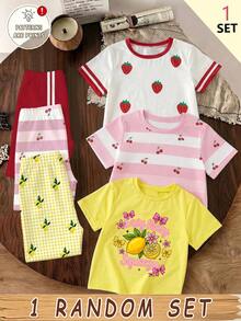 (1 Random Item From 3) Girl's Refreshing Pink And White Striped Cherry Strawberry Lemon Bow Letter Printed Basic Short T Plus Cycling Pants Set - Multicolor - View 3