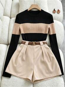 Selianne Autumn/Winter New 2-Piece Set, Women's Contrast Color Elegant Round Neck Short Sleeve Casual Long Sleeve Knit T-Shirt + Khaki Shorts Women's 2-Piece Set, Women's Outwear, Women's Commute Outfit, Women's Office Wear, Women's Casual Set, Black Set, Women's Elegant Set, Autumn/Winter 2-Piece Set, Autumn Top, Black Top - Black - View 3