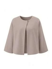 Balvessa Elegant Casual Loose Short Wool Blend Women's Top, Autumn Winter Spring, Raglan Sleeves, Round Neck - Khaki - View 4