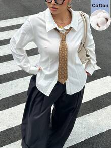 Muchica 大尺碼女款休閒 90 年代 1960 年代優雅百搭日常辦公正式出遊襯衫，翻領設計，教師節主題，白色滿版，秋季 - 白色 - 查看 1