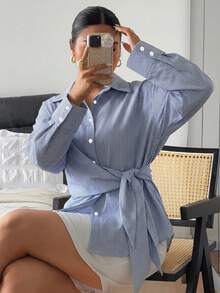 Livesso 春夏秋大尺碼女款粉色收腰設計長袖襯衫，寬鬆商務休閒時尚辦公穿搭上衣 - 藍白色 - 查看 3