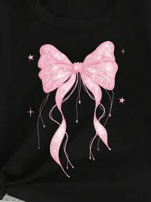 返校季女童幼兒休閒時尚清新亮片蝴蝶結與星星圖案基本款黑色短版T恤，舒適夏季日常穿著 - 黑色 - 查看 7