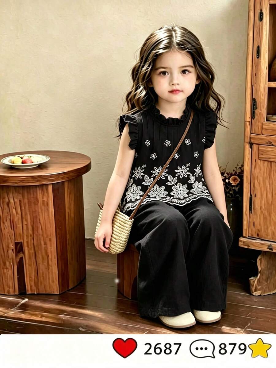 SHEIN Elladie kids 2件組女孩夏季新款圓領後背水滴造型藍色蝴蝶結仿刺繡印花布料飄逸袖荷葉邊前領結裝飾上衣休閒直筒短褲極簡復古時尚套裝