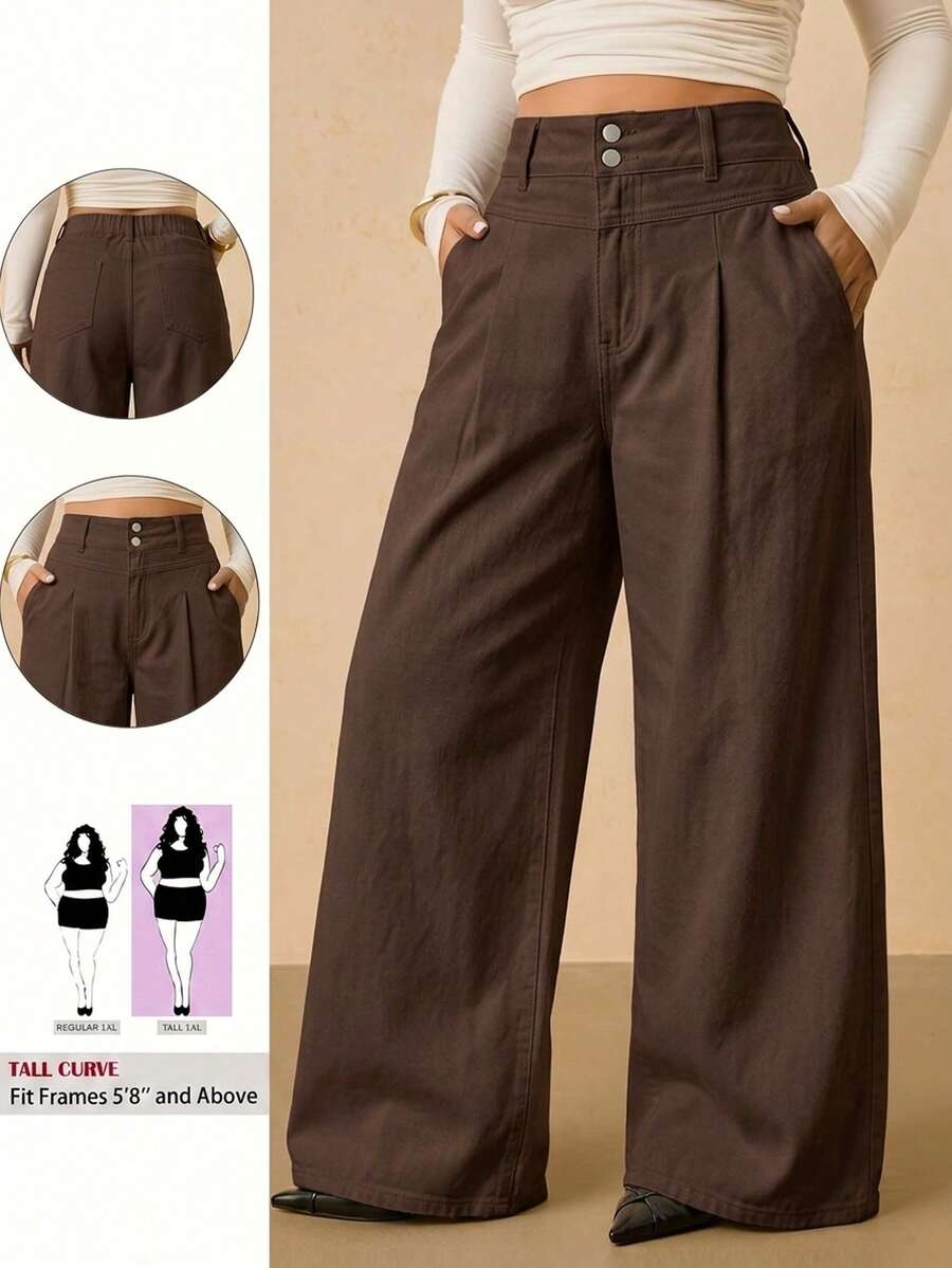SHEIN Tall CURVE 大尺碼休閒日常穿著牛仔褲,附口袋與鈕扣 - 棕色 - 查看 1