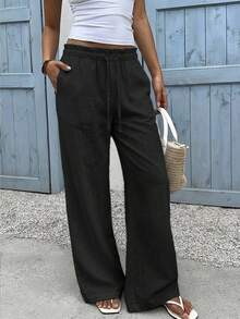 SHEIN EZwear 休閒極簡寬腿長褲 - 黑色 - 查看 7