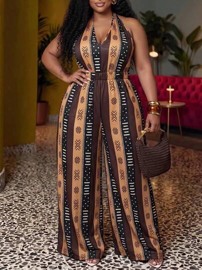 Veslaya Spring/Summer Women's Plus Size New Bold, Classy Feminine Style Tummy Control Fit Breathable Elegant Romantic Classic Print Deep V-Neck Tie Wide Leg Jumpsuit