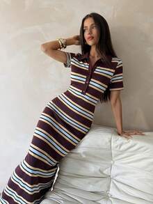 Aloruh 女款鈕扣半開襟短袖休閒條紋長洋裝 - 彩色 - 查看 7
