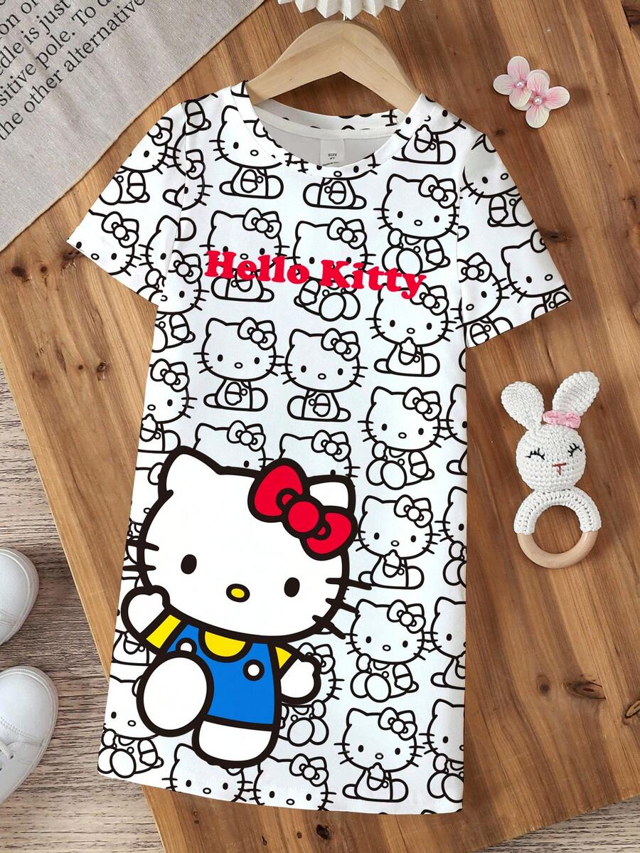 HELLO KITTY AND FRIENDS | SHEIN 女童夏季休閒卡通印花洋裝 - 白色 - 查看 1