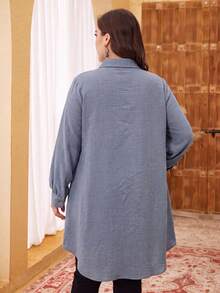 Lacomfia 大尺碼女款花卉刺繡圖案休閒百搭日常穿著襯衫 - 藍色 - 查看 2