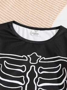 SHEIN 青少年男孩發光骨骼萬聖節發光睡衣套裝，修身長袖T恤與長褲，秋季節日修身居家服 - 彩色 - 查看 3