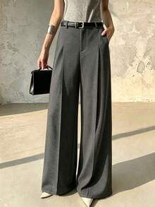 SHEIN PariChic Celana Panjang Kasual Minimalis Elegan dengan Lipatan Longgar Berbahan Rajut dan Potongan Lebar untuk Perjalanan Sehari-hari - Grey - View 5