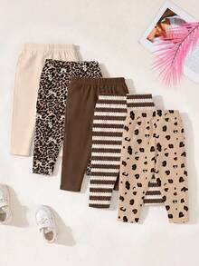 (2 Random Pcs) Baby Girl Simple Leopard Print Bow White Rabbit Funny Letter Stripe Flower Pattern Printed Basic Leggings - Multicolor - View 2