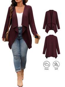 SHEIN VCAY كارديجان طويل ذو تصميم يسوري الياقة مناسب للخروج والعمل للسيدات بحجم كبير، مناسب لعيد الشكر - عنابي اللون - مشاهدة 1