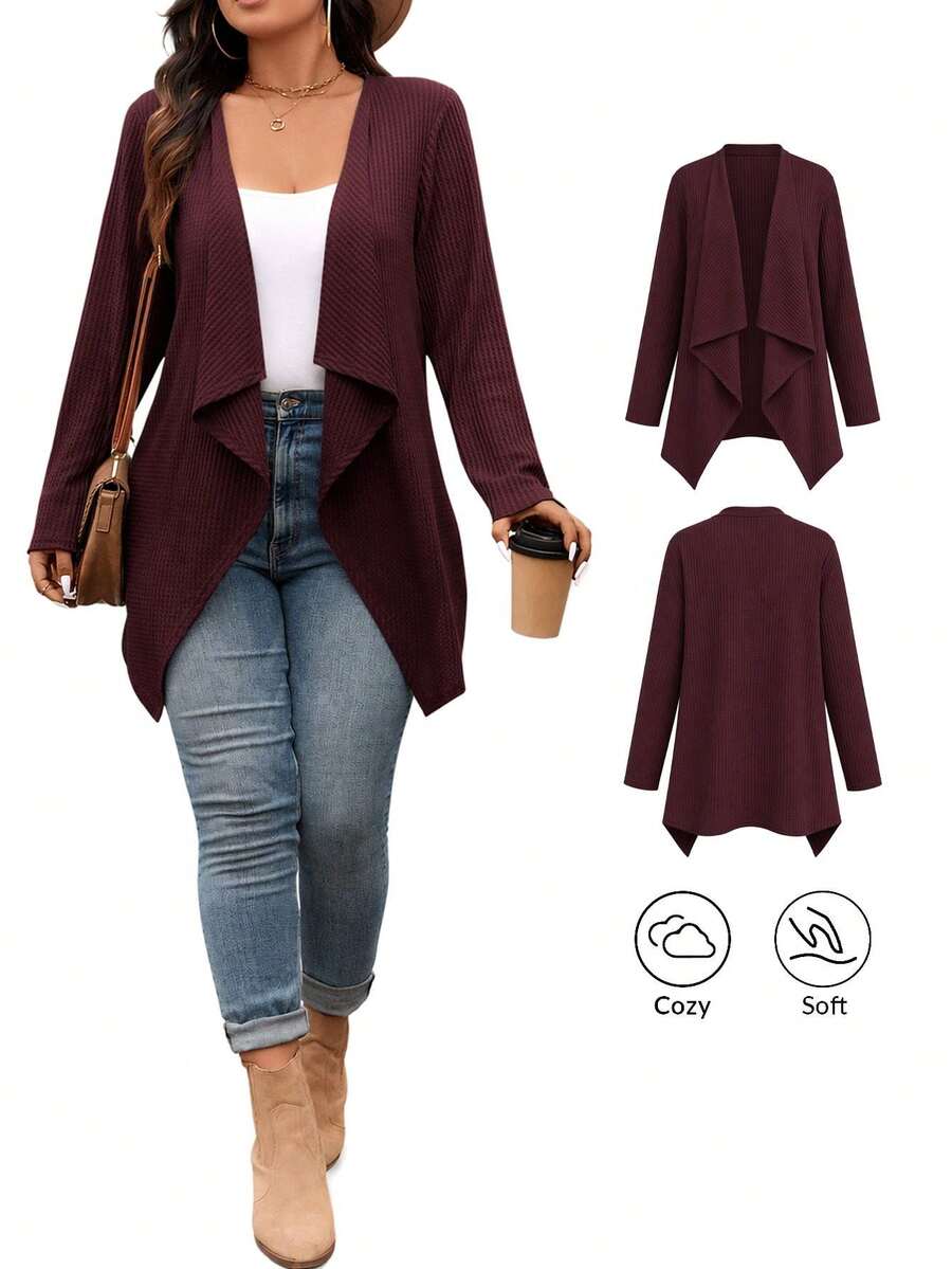 SHEIN VCAY كارديجان طويل ذو تصميم يسوري الياقة مناسب للخروج والعمل للسيدات بحجم كبير، مناسب لعيد الشكر - عنابي اللون - مشاهدة 1