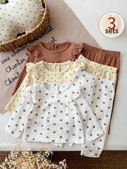 SHEIN Playful Pals 0-3 Years Baby Girl 3-Piece Set Spring/Autumn Long Sleeve Long Pants Pure Cotton Outfit, Polka Dot Print + Solid Color + Heart Print, Suitable For Outdoor Activities And School