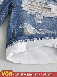SHEIN Frenchy Mother's Day Plus Size Blue Denim Effect Ripped Pattern Casual Leggings, Suitable For Summer - Blue - View 9