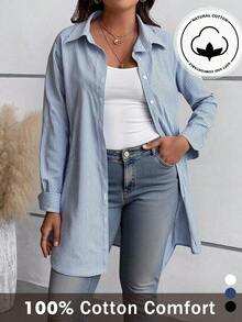 Rusticease Camisa casual de manga larga a rayas de talla grande, ropa de mujer de otoño - Azul y blanco - Ver 8