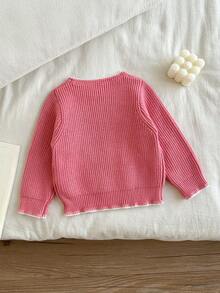 SHEIN 女嬰粉色刺繡蝴蝶結針織毛衣，精緻可愛套頭上衣，柔軟秋冬款，聖誕萬聖節幼兒日常旅行穿搭 - 藕粉色 - 查看 2