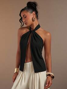 Hauture Women's Sexy Abstract Print Halter Neck Backless Linen Top - Black - View 7