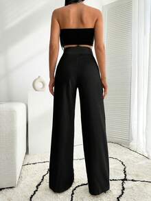 EURMUSE Pantalón palazzo de pierna ancha blanco con detalle de botón - Negro - Ver 2