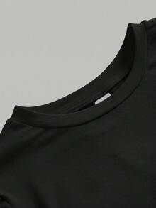 SHEIN 青少年女孩 T-Shirt，秋季黑色針織收腰設計對比蕾絲 2 合 1 T-Shirt，返校穿搭，長袖上衣，黑色上衣，休閒 - 黑色 - 查看 4