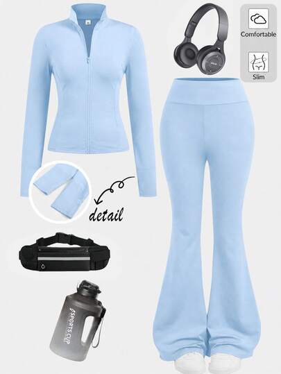 SHEIN Girlism Setelan 2 Potong untuk Remaja Perempuan, Kerah Tegak, Resleting, Warna Polos, Panjang, Kasual, Olahraga, Modis