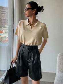 DAZY Fashionable Versatile Solid Color Wide Leg Mid-Length Pants - Black - View 5