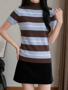 SHEIN Franclia Half-High Neck Fitted Pullover Short Sleeve Striped Knit Top - Coffee Brown - View 4