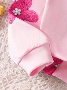 SHEIN Vintaside Kids 2件組幼兒女嬰可愛粉紫色毛絨花朵貼布繡長袖圓領衛衣褲套裝，生日家庭度假派對秋季穿搭 - 粉色 - 查看 7