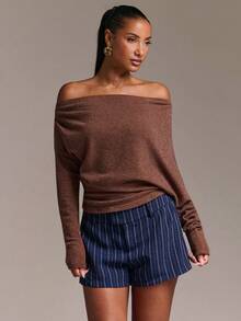SHEIN BAE Autumn/Winter Casual Commute Striped Low Waist Shorts For Office And Daily Wear - Navy Blue - View 2