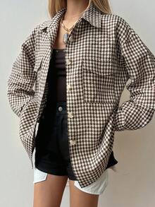 DAZY Jaket Wanita Longgar Kasual Motif Kotak-kotak untuk Musim Gugur dan Musim Dingin - Khaki - View 1