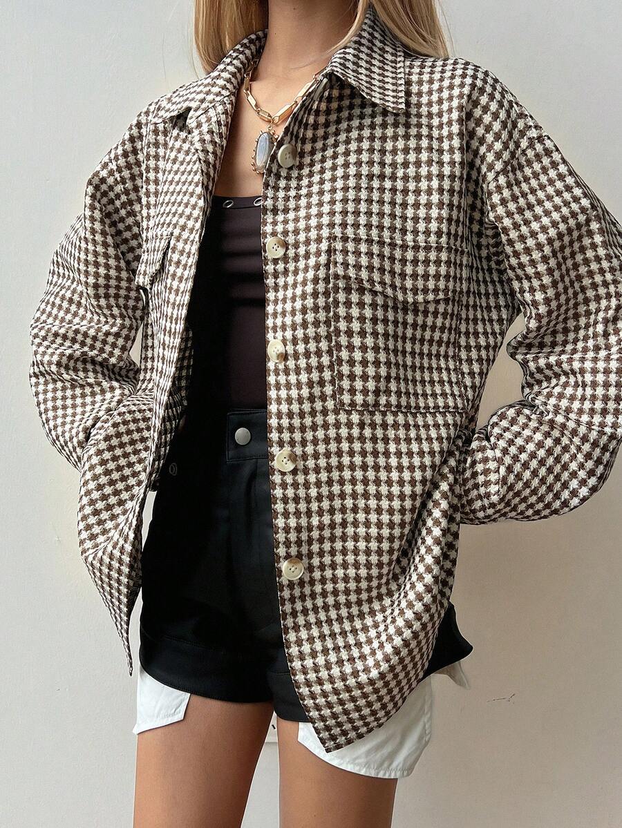 DAZY Jaket Wanita Longgar Kasual Motif Kotak-kotak untuk Musim Gugur dan Musim Dingin - Khaki - View 1