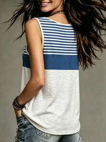 EMERY ROSE Women's Casual Knitted Striped Tank Top With Notched Neckline Regular Fit Sleeveless Design - White - View 2