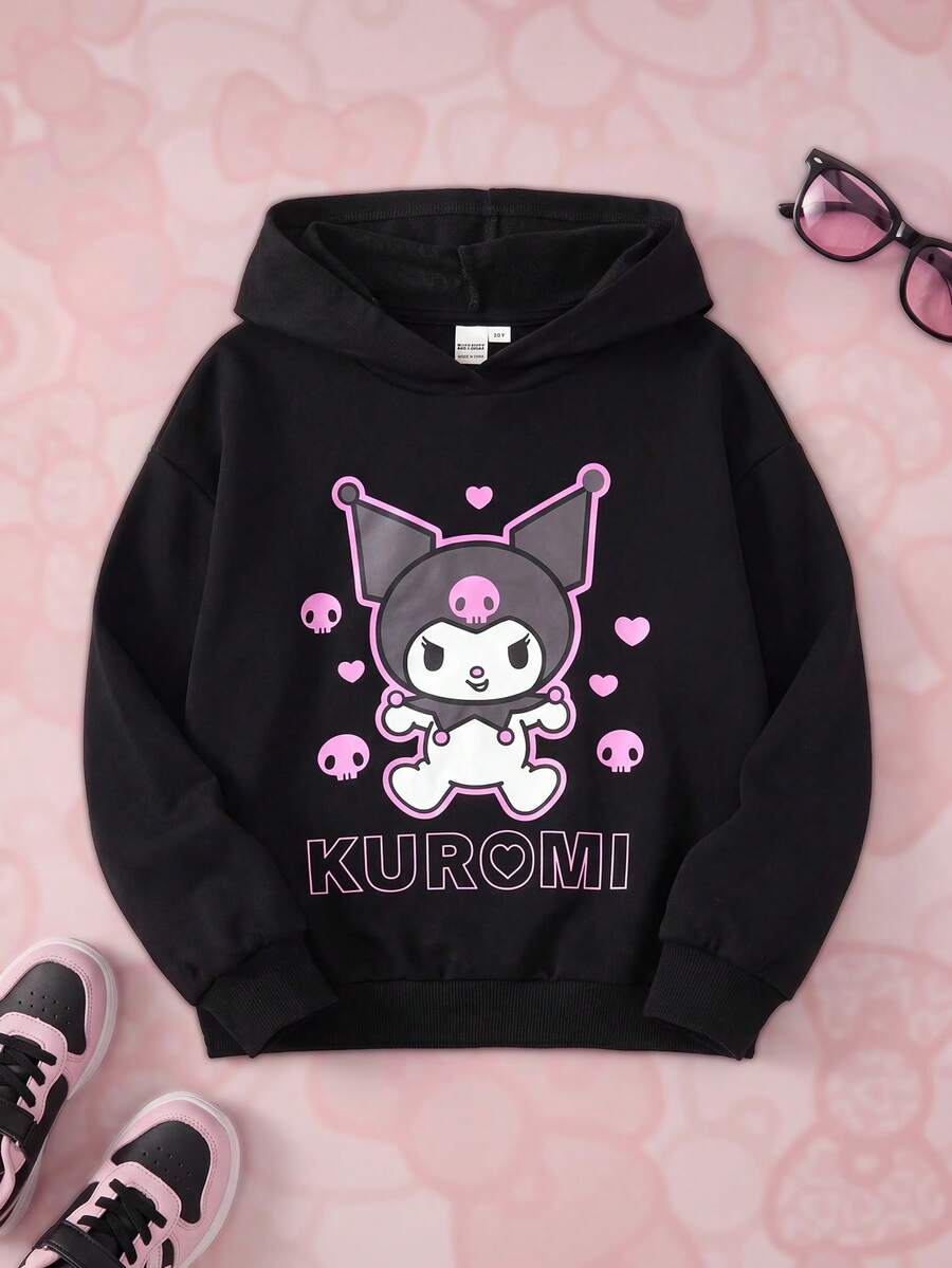 HELLO KITTY AND FRIENDS | SHEIN 少女骷髅字母图案宽松卫衣，休闲黑色套头卫衣 - 黑色 - 查看 1