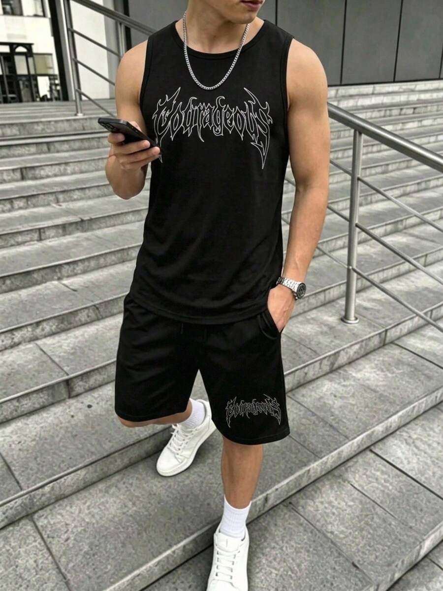青少年男孩休閒街頭風極簡圓領背心短褲兩件套,適合春夏,卡通圖案,萬聖節秋季校園黑色 - 黑色 - 查看 1